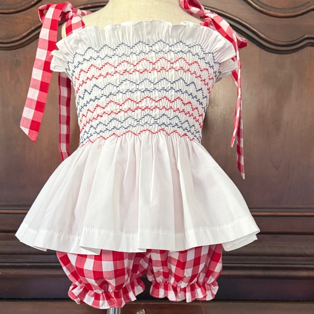 Stitchy Fish Smocked Red Gingham Bloomer Set 12M Baby Girl Boutique Outfit